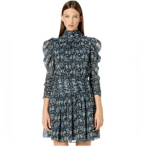ML Monique Lhuillier Black Blue Ruched Floral Babydoll Dress Size 2